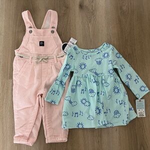 OshKosh B'gosh Pink Striped Corduroy Overalls & Cat and Jack Sun Print dress